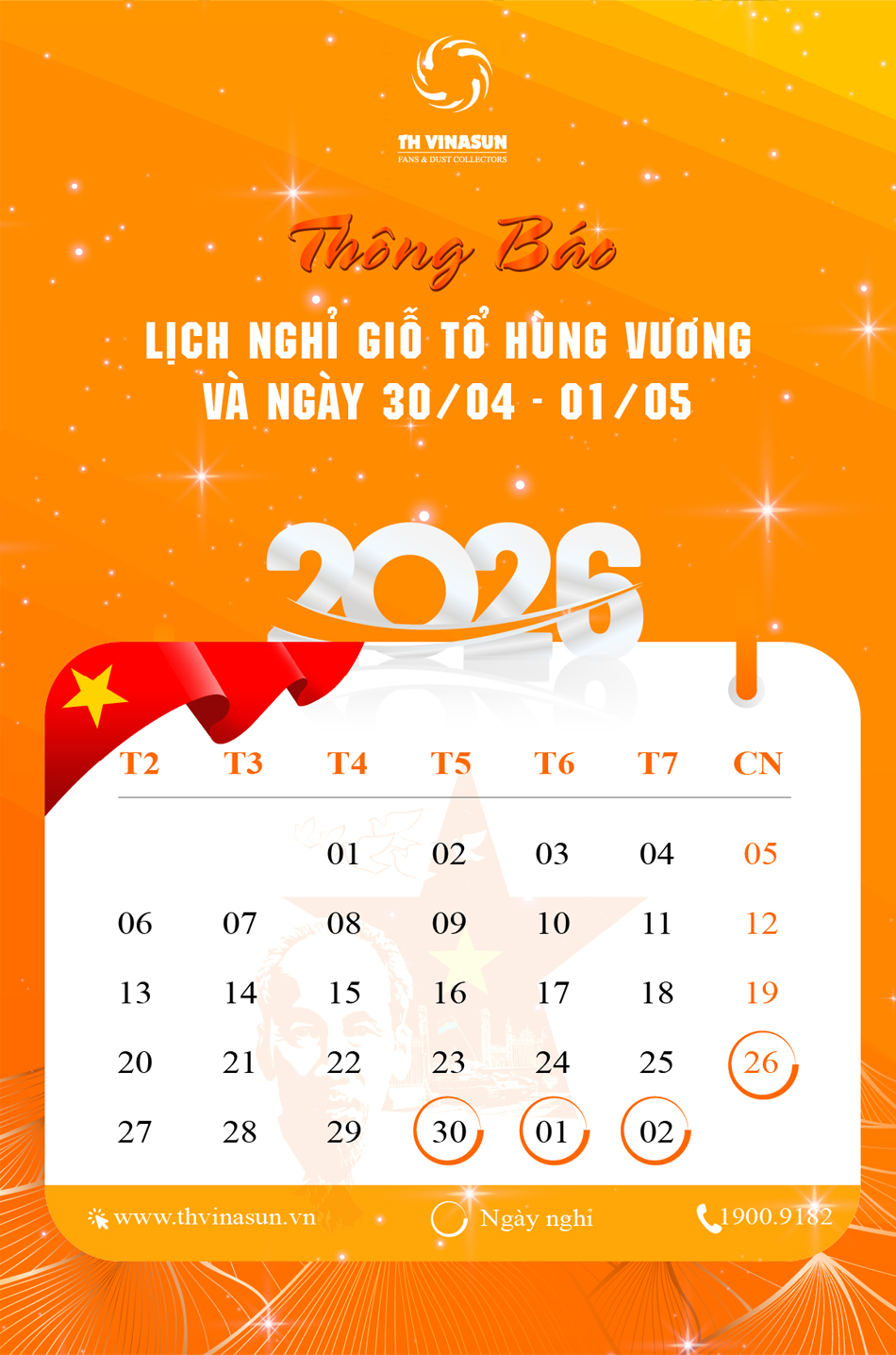 Thông báo lịch nghỉ lễ Giỗ Tổ Hùng Vương và Ngày 30-4, 1-5
